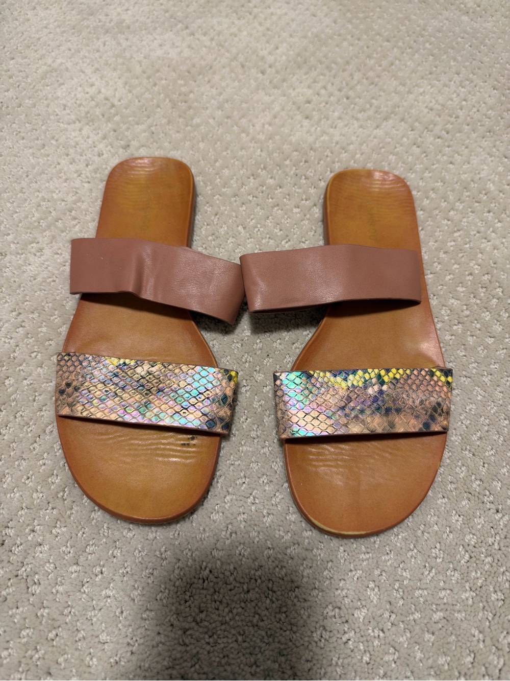 Iridescent Snake-Print Two-Band Slide Sandals in Brown